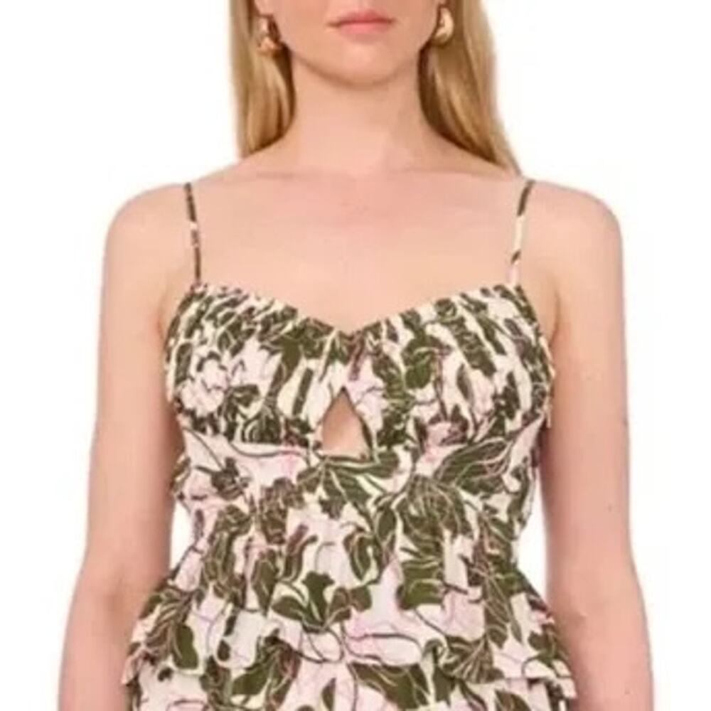 Parker Floral Print Peplum Cami Size 10 Beige Green Cut Out Pleated Feminine